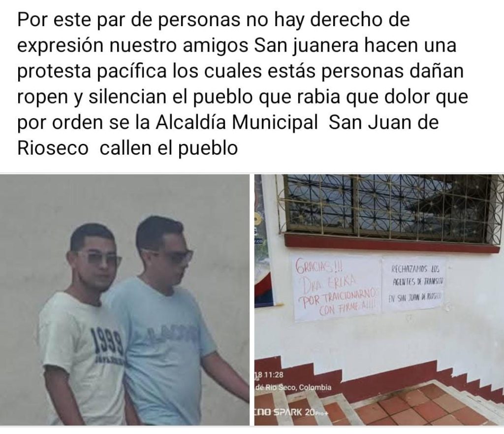 Presuntos funcionarios de la administración municipal que dañan pancartas de líderes sociales. 