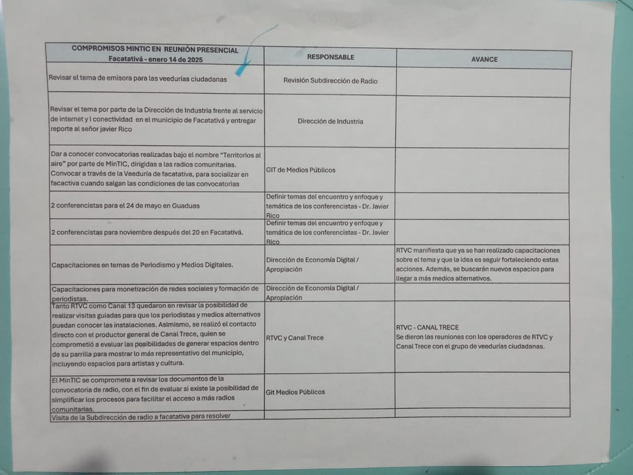 Acta entregada al Ministerio Tic por parte de las Veedurías Ciudadanas
